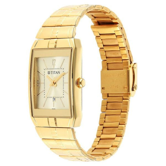 Titan 9151YM07 Champagne Dial Analog Watch for Men – Golden Stainless Steel Strap, Quartz Movement