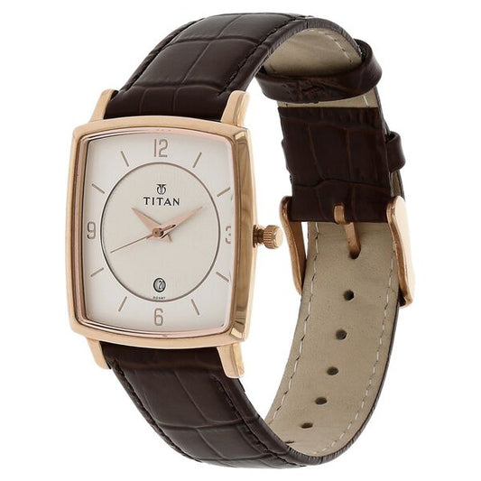 Titan 9159SL01 Silver Dial Analog Watch for Men – Brown Leather Strap, Quartz Movement, Date Function, Mineral Glass, Metal Case