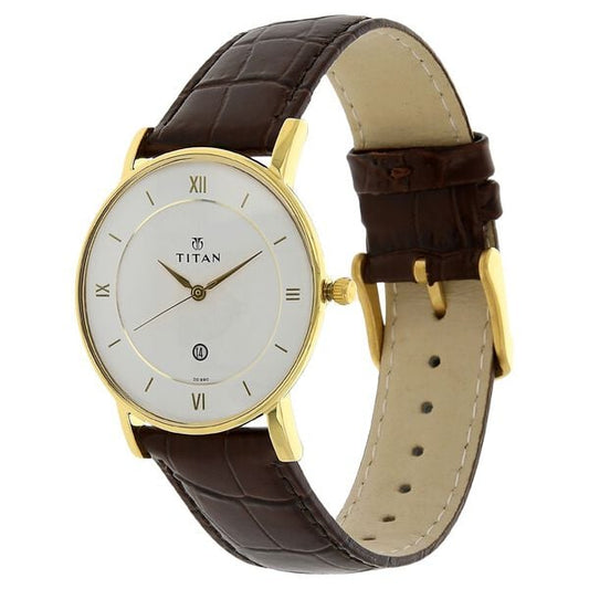 Titan 9162YL01 Men’s White Dial Brown Leather Strap Quartz Analog Watch – Round Metal Case, Date Display, Mineral Glass