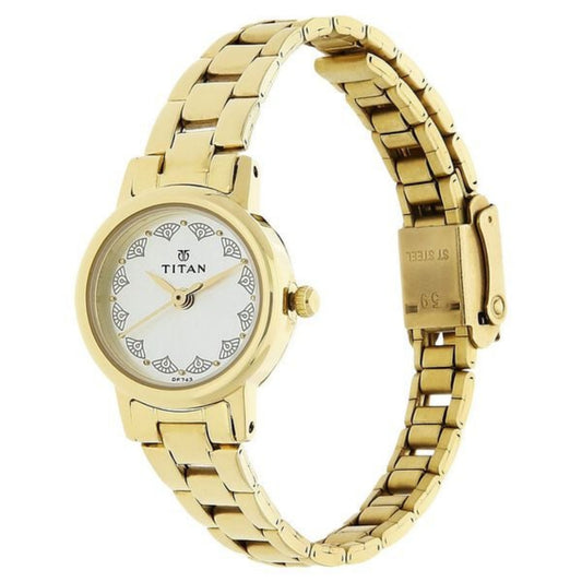 Titan 917YM12 Quartz Analog Grey Dial Watch for Women, Golden Stainless Steel Strap