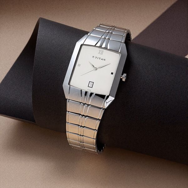 Titan NM9264SM01 Men’s White-Dial Rectangle Analog Watch with Date & Silver Metal Strap