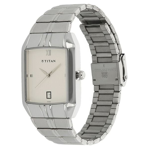 Titan NM9264SM01 Men’s White-Dial Rectangle Analog Watch with Date & Silver Metal Strap