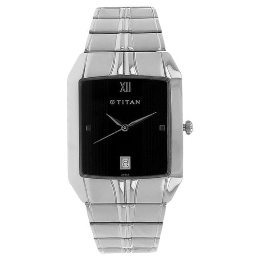 Titan 9264SM02 Men’s Black-Dial Rectangular Analog Watch with Silver Metal Strap