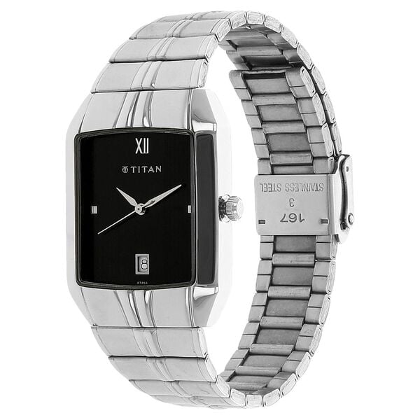 Titan 9264SM02 Men’s Black-Dial Rectangular Analog Watch with Silver Metal Strap