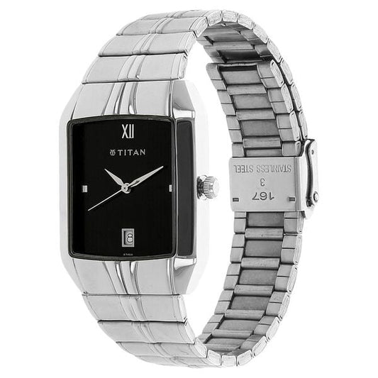 Titan 9264SM02 Men’s Black-Dial Rectangular Analog Watch with Silver Metal Strap