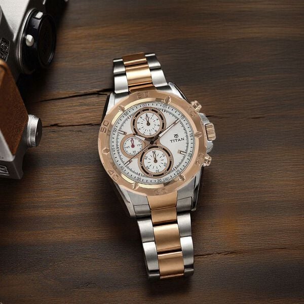 Titan 9308KM01 Men’s Analog Quartz Chronograph Watch — Rose Gold Dial, Two-Tone Stainless Steel Strap