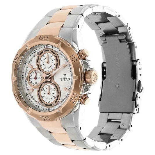 Titan 9308KM01 Men’s Analog Quartz Chronograph Watch — Rose Gold Dial, Two-Tone Stainless Steel Strap