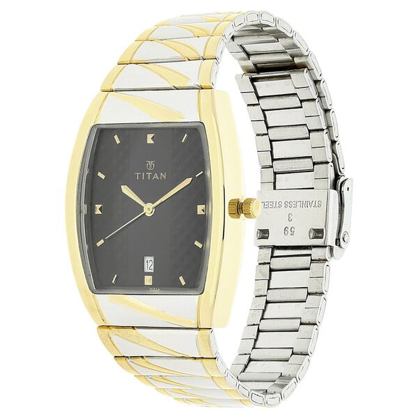 Titan 9315BM02 Men’s Black Dial Two‑Tone Stainless Steel Strap Quartz Analog Watch – Rectangular Metal Case, Mineral Glass, Date Display
