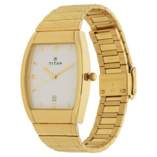Titan 9315YM01 Men’s White-Dial Analog Watch with Gold Stainless Steel Strap