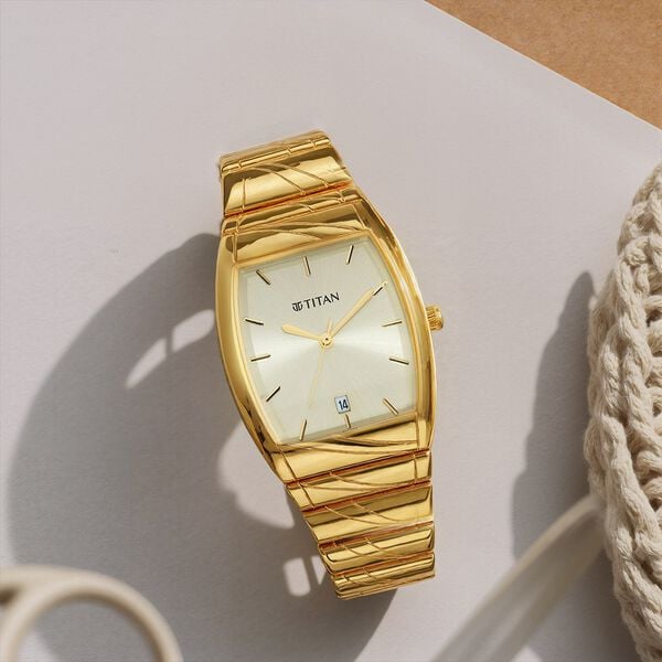 Titan 9315YM05 Quartz Champagne Dial Gold Stainless Steel Strap Men’s Watch