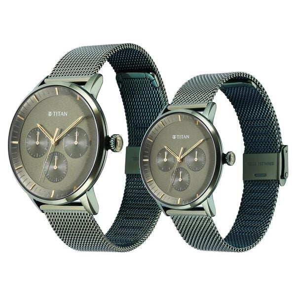 Titan – 9400694206QM02P Bandhan Quartz Analog Couple Watch Set with Green Dial & Green Stainless Steel Straps