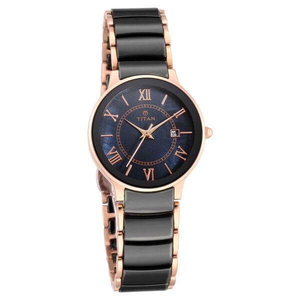 Titan 95016WD01 Analog Quartz Women’s Watch with Black Dial and Two-Tone Stainless Steel & Ceramic Strap