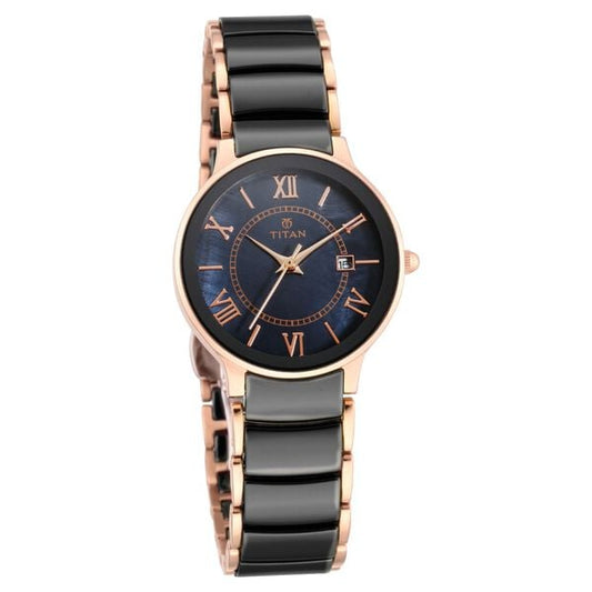 Titan 95016WD01 Analog Quartz Women’s Watch with Black Dial and Two-Tone Stainless Steel & Ceramic Strap