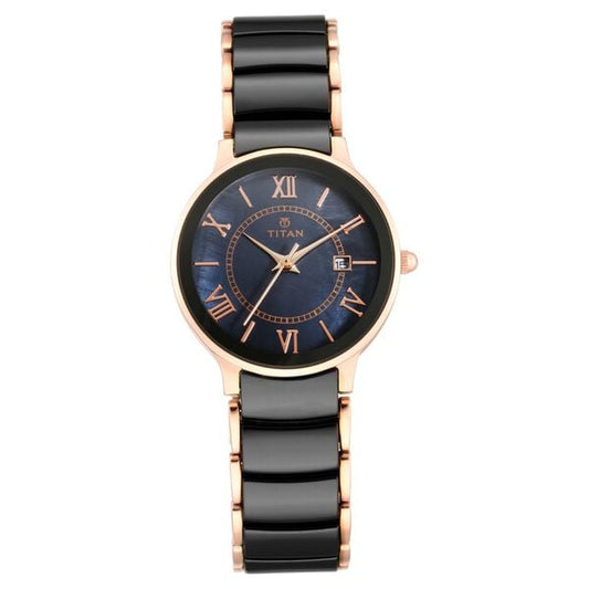 Titan 95016WD01 Women’s Black-Dial Analog Watch with Stainless Steel & Ceramic Strap