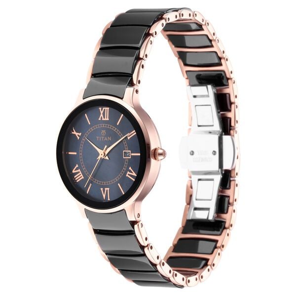 Titan 95016WD01 Women’s Black-Dial Analog Watch with Stainless Steel & Ceramic Strap