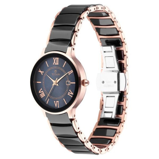 Titan 95016WD01 Analog Quartz Women’s Watch with Black Dial and Two-Tone Stainless Steel & Ceramic Strap