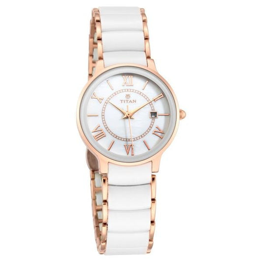Titan 95016WD02 Women’s Analog Quartz Watch — Mother of Pearl Dial & Two-Tone Metal & Ceramic Strap