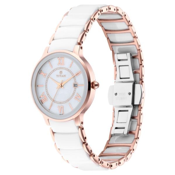 Titan 95016WD02 Women’s Analog Quartz Watch — Mother of Pearl Dial & Two-Tone Metal & Ceramic Strap