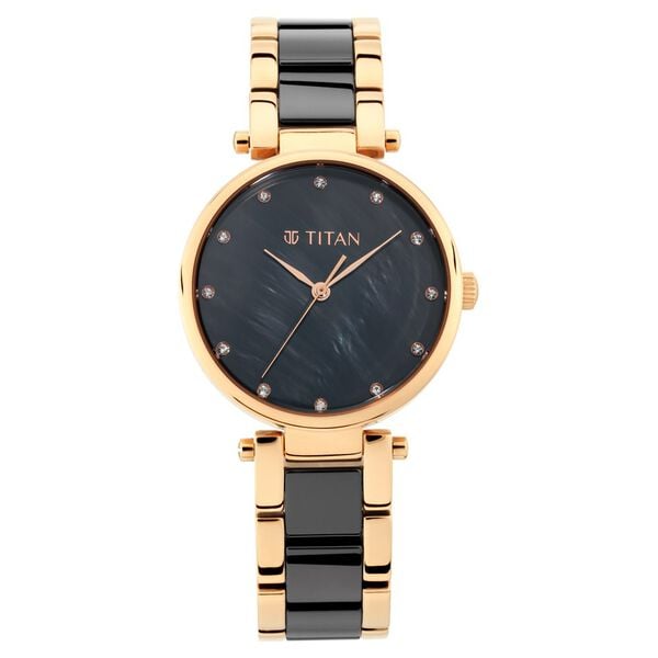 Titan 95061WD03 Women’s Black Mother-of-Pearl Dial Quartz Analog Round Ceramic & Metal Strap Watch