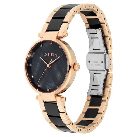 Titan 95061WD03 Women’s Black Mother-of-Pearl Dial Quartz Analog Round Ceramic & Metal Strap Watch