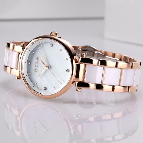 Titan 95061WD04 White Mother-of-Pearl Dial Two-Tone Ceramic Women’s Analog Watch