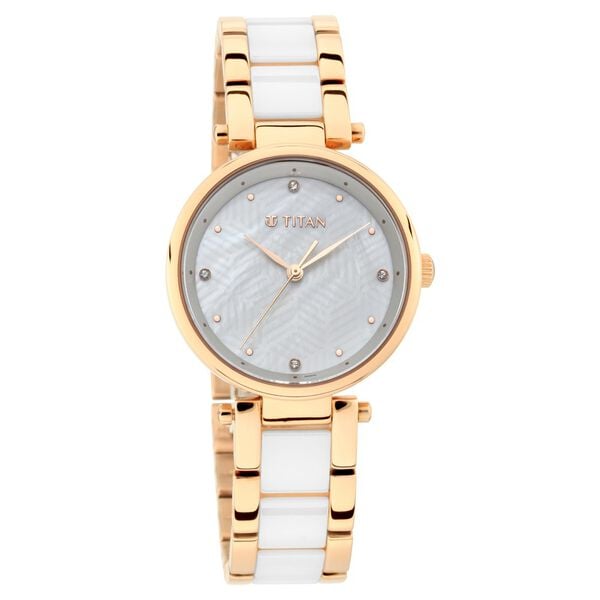 Titan 95061WD04 White Dial Analog Watch for Women – Two-Tone Ceramic Strap, Quartz Movement