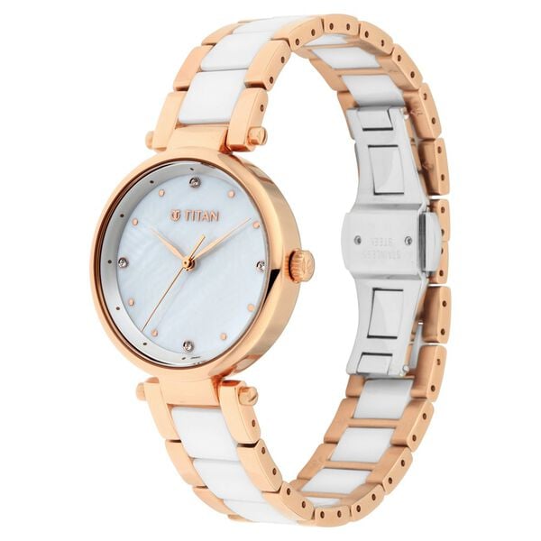 Titan 95061WD04 White Dial Analog Watch for Women – Two-Tone Ceramic Strap, Quartz Movement