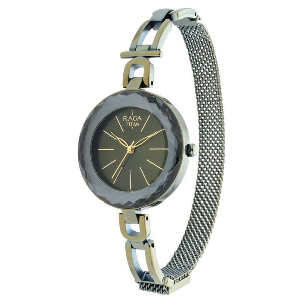 Titan 95122QM01 Gunmetal Dial Analog Quartz Stainless Steel Women’s Watch – Green Band, Round Case, Raga Facets Collection