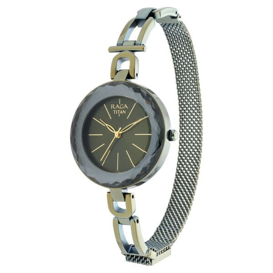 Titan 95122QM01 Gunmetal Dial Analog Quartz Stainless Steel Women’s Watch – Green Band, Round Case, Raga Facets Collection
