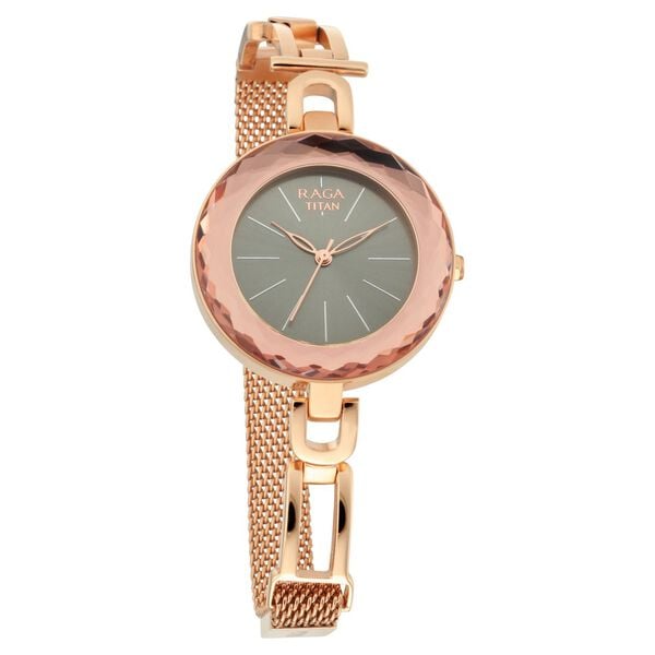 Titan 95122WM01 Women’s Black-Dial Analog Watch with Rose-Gold Stainless Steel Strap