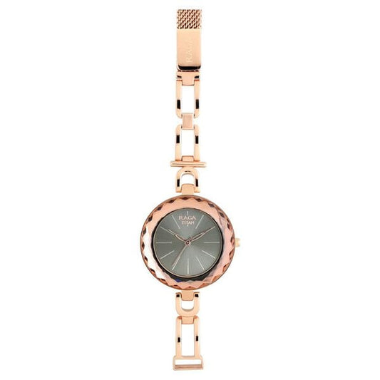 Titan 95122WM01 Women’s Black-Dial Analog Watch with Rose-Gold Stainless Steel Strap