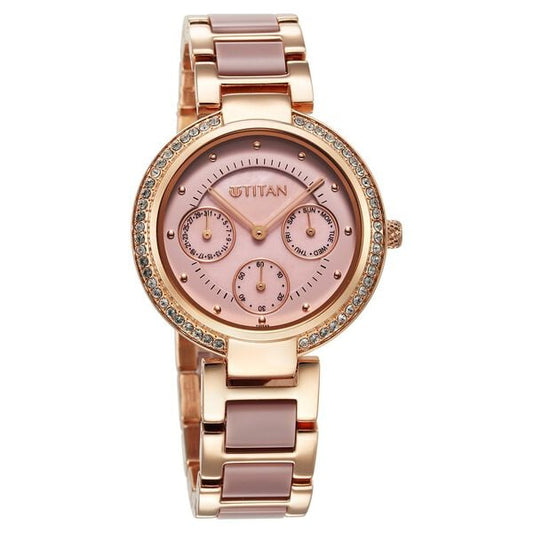 Titan 95187KD02 Women’s Mother-of-Pearl Dial Multifunction Watch with Two-Tone Metal Strap