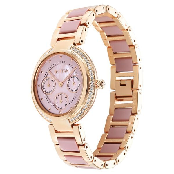 Titan 95187KD02 Women’s Mother-of-Pearl Dial Multifunction Watch with Two-Tone Metal Strap