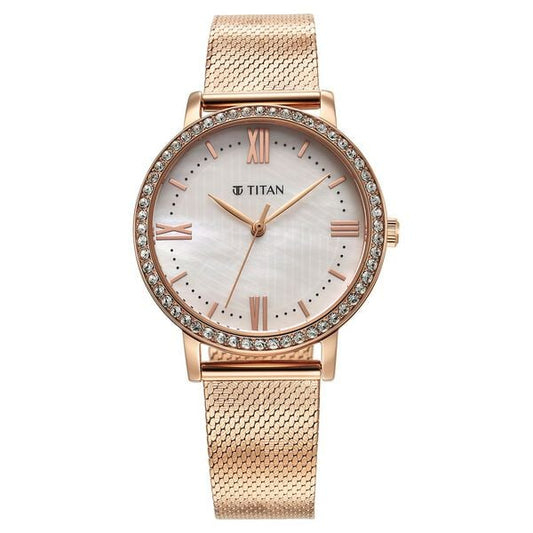 Titan 95236WM01 Purple Style Up Quartz Analog White Dial 34 mm Stainless Steel Case Rose Gold-Tone Stainless Steel Bracelet Women Watch
