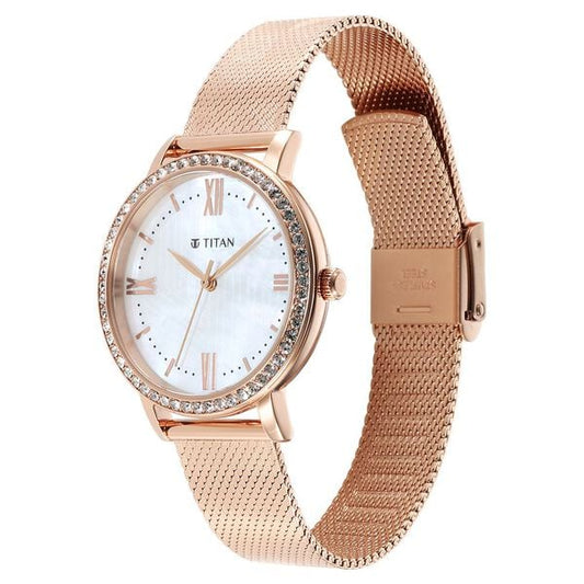 Titan 95236WM01 Purple Style Up Quartz Analog White Dial 34 mm Stainless Steel Case Rose Gold-Tone Stainless Steel Bracelet Women Watch