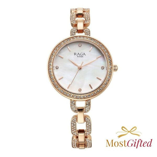 Titan 95272WM01 Raga Showstopper Quartz Analog Mother of Pearl Dial 32 mm Rose Gold Stainless Steel Case Rose Gold Stainless Steel Bracelet Women Watch