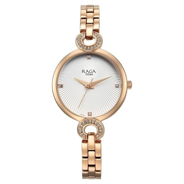 Titan 95278WM01 Women’s White-Dial Analog Watch with Rose-Gold Metal Bracelet
