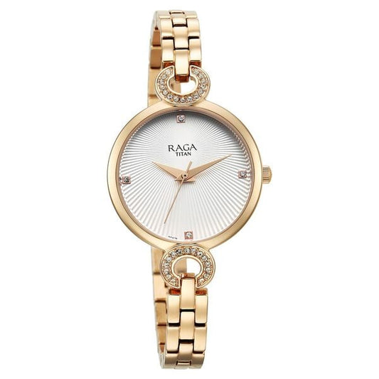 Titan 95278WM01 Women’s White-Dial Analog Watch with Rose-Gold Metal Bracelet