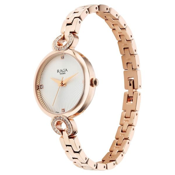 Titan 95278WM01 Women’s White-Dial Analog Watch with Rose-Gold Metal Bracelet