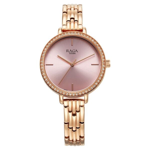 Titan 95286WM01 Women’s Quartz Analog Pink Dial Watch with Rose-Gold Metal Strap