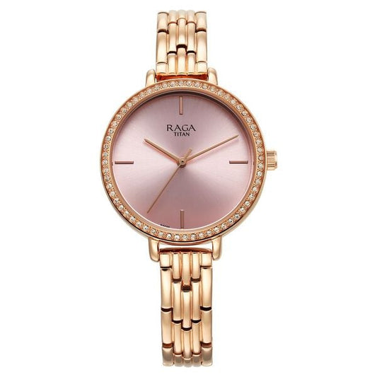 Titan 95286WM01 Women’s Quartz Analog Pink Dial Watch with Rose-Gold Metal Strap