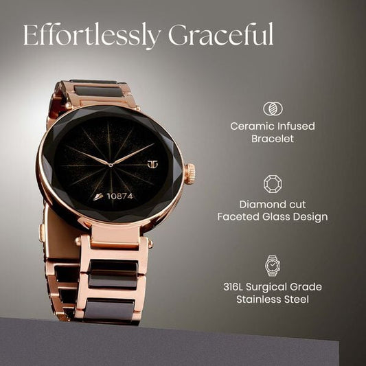 Titan 95293WD02 Elixir Women’s Smartwatch with3.04 cm AMOLED Display, Rose-Gold and White Stainless-Steel Strap