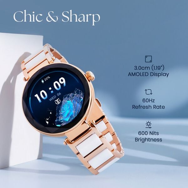 Titan 95293WD02 Elixir Women’s Smartwatch with3.04 cm AMOLED Display, Rose-Gold and White Stainless-Steel Strap