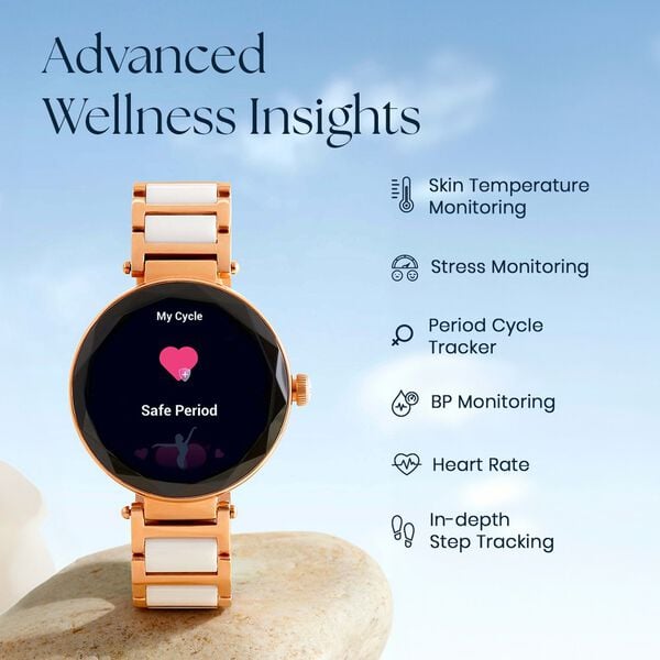 Titan 95293WD02 Elixir Women’s Smartwatch with3.04 cm AMOLED Display, Rose-Gold and White Stainless-Steel Strap