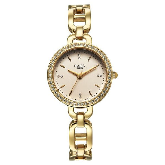 Titan 95305YM01 Women’s Golden-Dial Analog Watch with Gold Metal Strap