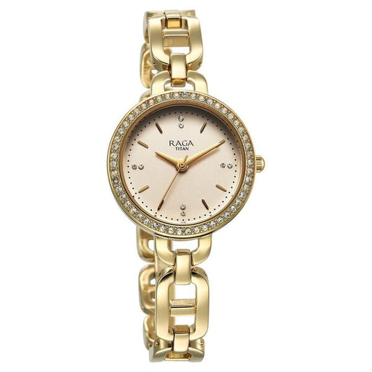 Titan 95305YM01 Women’s Golden-Dial Analog Watch with Gold Metal Strap