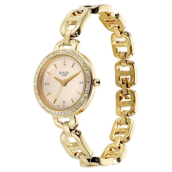 Titan 95305YM01 Quartz Analog Watch for Women – Golden Dial, Golden Stainless Steel Bracelet, Mineral Glass, Round Metal Case