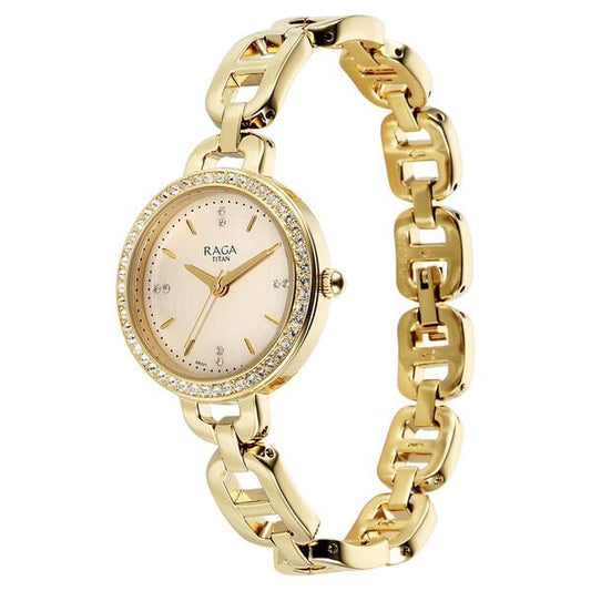 Titan 95305YM01 Quartz Analog Watch for Women – Golden Dial, Golden Stainless Steel Bracelet, Mineral Glass, Round Metal Case