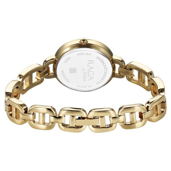 Titan 95305YM01 Quartz Analog Watch for Women – Golden Dial, Golden Stainless Steel Bracelet, Mineral Glass, Round Metal Case