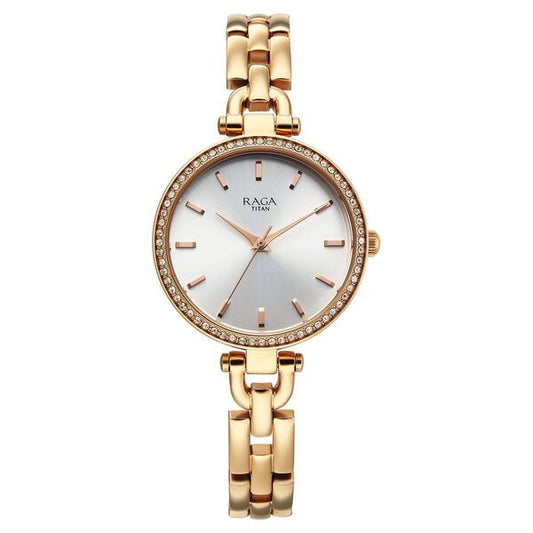 Titan Raga Showstopper 4.0 (95345WM01) Quartz Analog Silver Dial Rose Gold Metal Strap Women’s Watch
